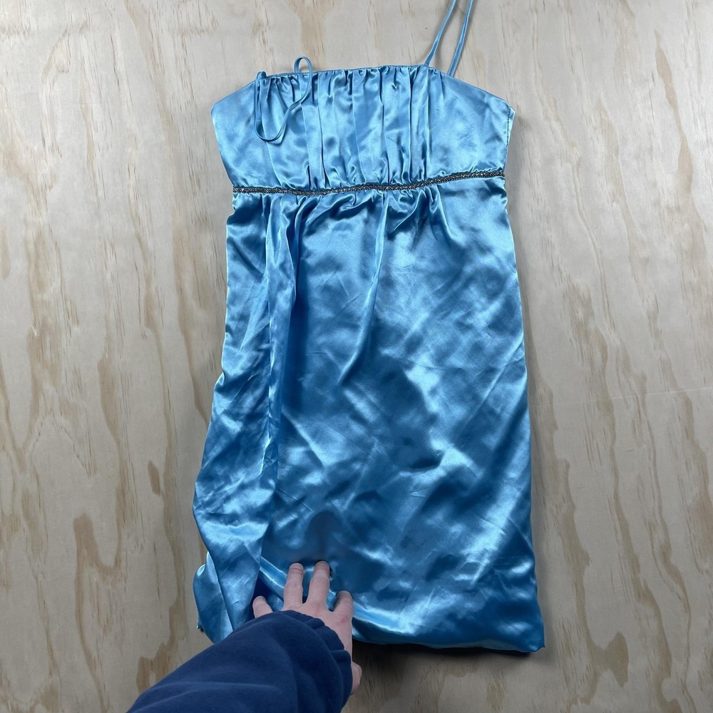 Beleza Dress Womens Sm Blue Satin Beaded Empire Waist Slip Spaghetti Strap Short